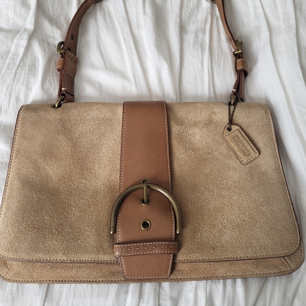 Vintage Y2K Coach Tan Suede Big Buckle Shoulder Bag With Brass Hardware